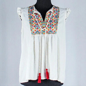 Aruba Blue Sleeveless Blouse, Ruffled Detail, Floral Embroidery sz M